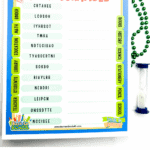 Back-to-school word scramble worksheet with jumbled words and a visible word bank; includes green beads, pen, and timer.
