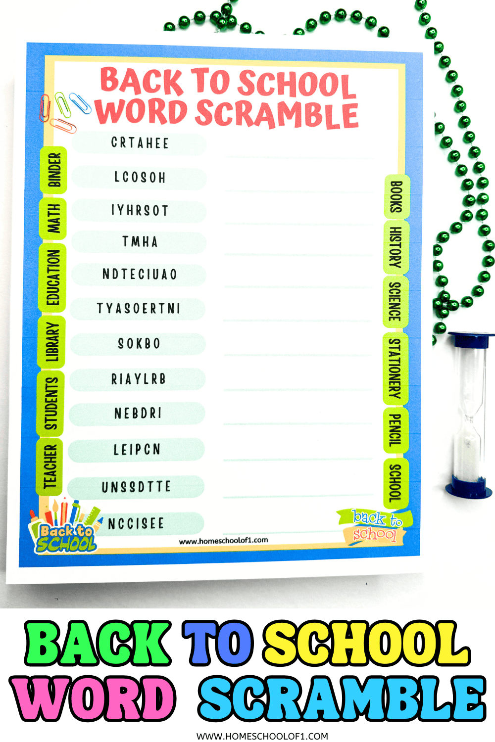 Back-to-school word scramble worksheet with jumbled words and a visible word bank; includes green beads, pen, and timer.