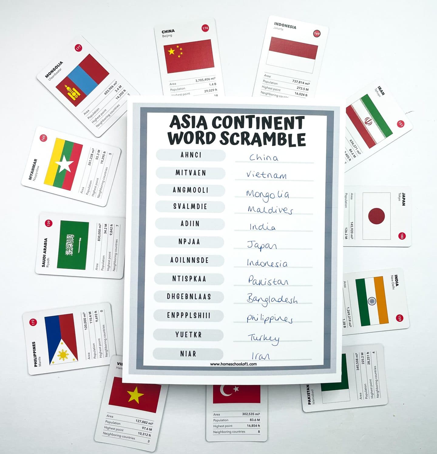 Asia Continent Word Scramble worksheet with scrambled country names like “AHNCI” and “NPJAA” neatly unscrambled and matched to “China” and “Japan.” The worksheet is surrounded by geography cards for various Asian countries including Indonesia, India, Philippines, and Iran, each displaying a flag and country data.