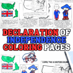 Printable Declaration of Independence coloring pages for kids, featuring historical symbols and key figures in U.S. history.