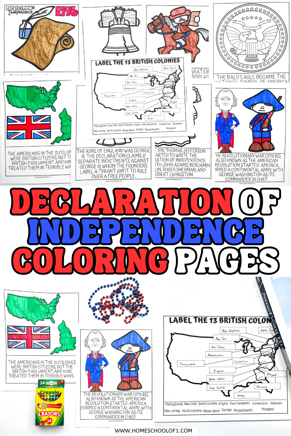 Printable Declaration of Independence coloring pages for kids, featuring historical symbols and key figures in U.S. history.

