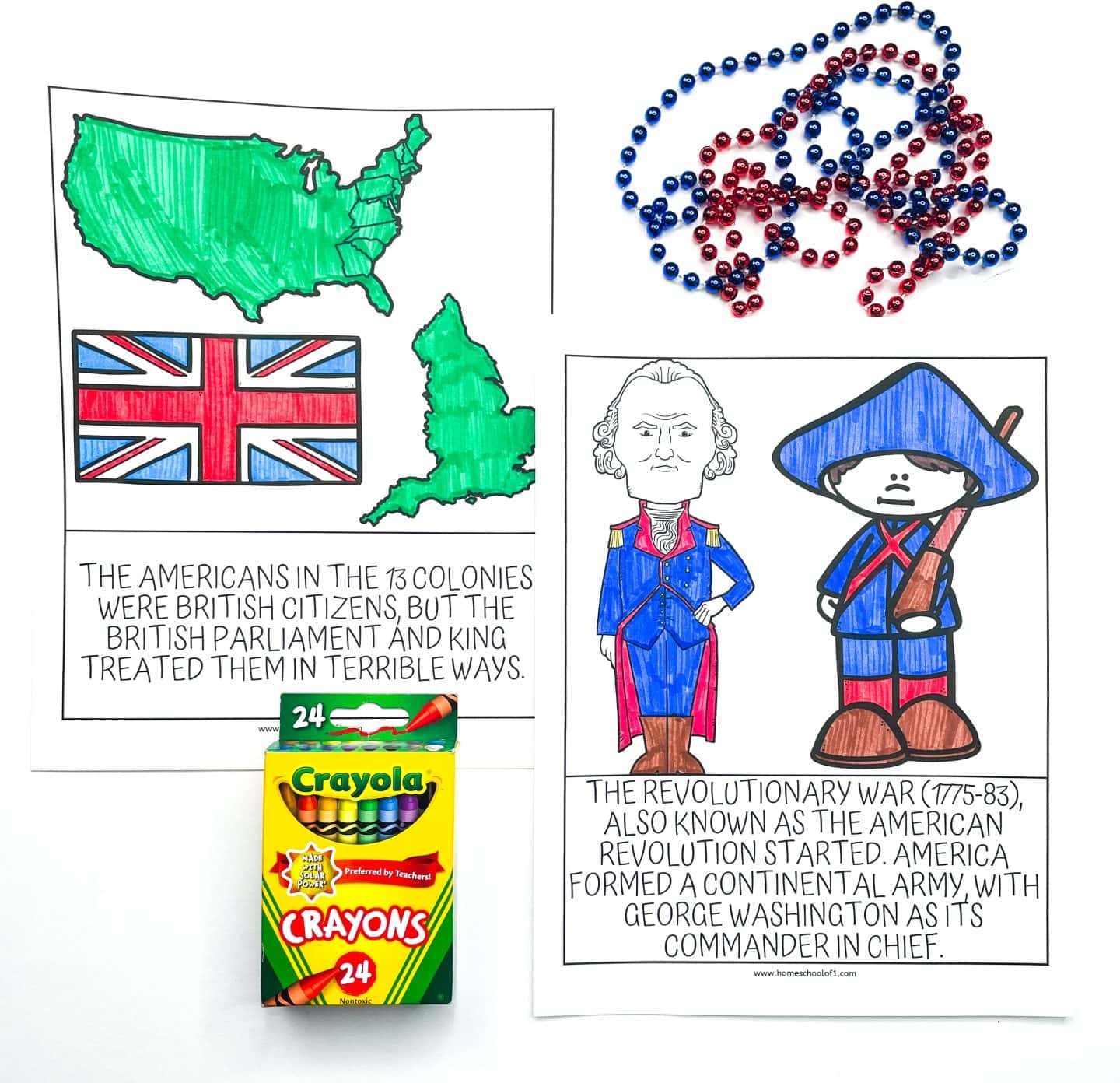 two educational worksheets related to the American Revolution. One worksheet features a map of the United States and the British flag, while the other shows a colored-in image of George Washington in military attire, with a cartoon figure representing a Revolutionary War soldier. Crayons and colorful beads are placed beside the worksheets. The text on the worksheets explains the American colonies’ treatment by the British and the start of the Revolutionary War.
