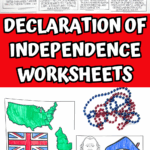 Declaration of Independence worksheets for kids with U.S. map, Founding Fathers, and American Revolution coloring activities.
