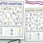 Two Easter-themed counting worksheets for kids, each with rows of holiday images like chicks, bunnies, eggs, and carrots. Children are instructed to color and count the items, with a few numbers already filled in.