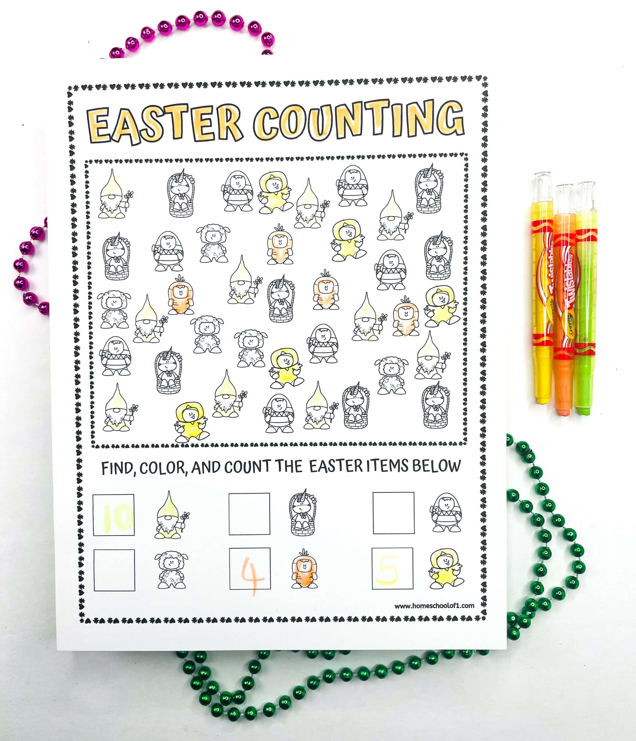A vibrant Easter counting worksheet filled with small character illustrations, including chicks, bunnies, and Easter-themed figures. Kids have started coloring and marking totals in boxes at the bottom of the page.

