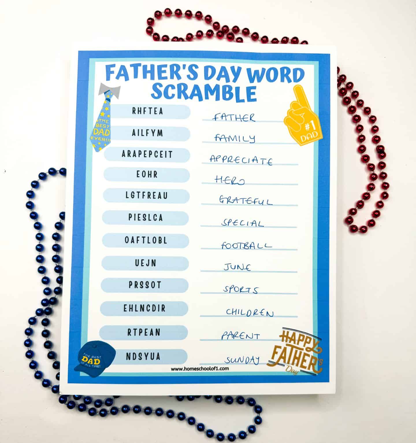A completed Father’s Day word scramble printable with all 12 answers handwritten in blue ink, including “FATHER,” “GRATEFUL,” “SPORTS,” and “SUNDAY.” The sheet features playful graphics like a yellow foam finger labeled “#1 Dad” and a blue tie reading “The Best Dad Ever!!!” Red and blue beaded necklaces are scattered decoratively around the page.

