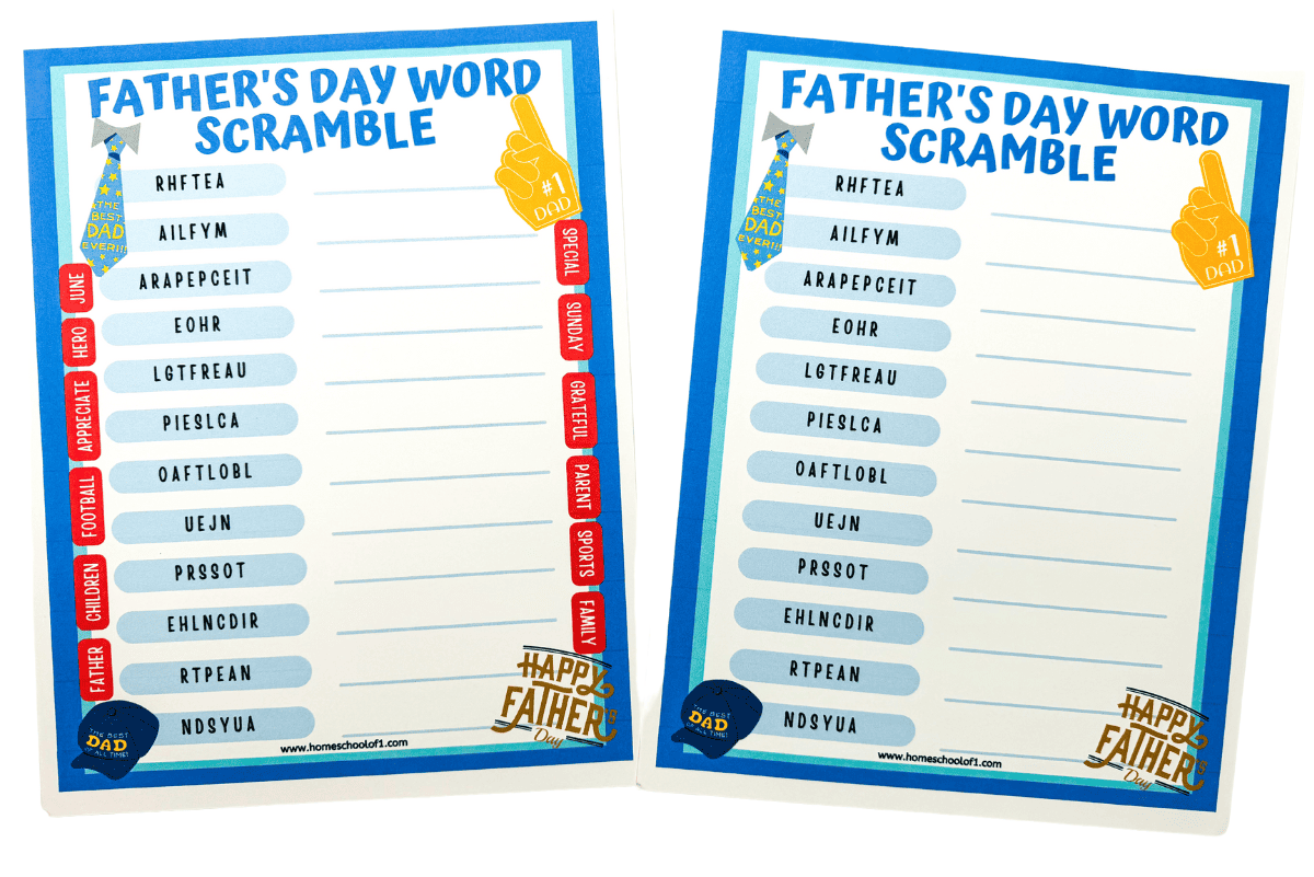 Two nearly identical Father’s Day word scramble printables placed side by side, each featuring 12 scrambled words such as “AILFYM” and “EHLNCDIR” with blank lines for answers. The left version includes red hint tabs with words like “FOOTBALL,” “FAMILY,” and “GRATEFUL,” while the right version shows a cleaner layout without the tabs. Both include playful icons like a “#1 Dad” foam finger and a blue tie with the phrase “The Best Dad Ever!!!”