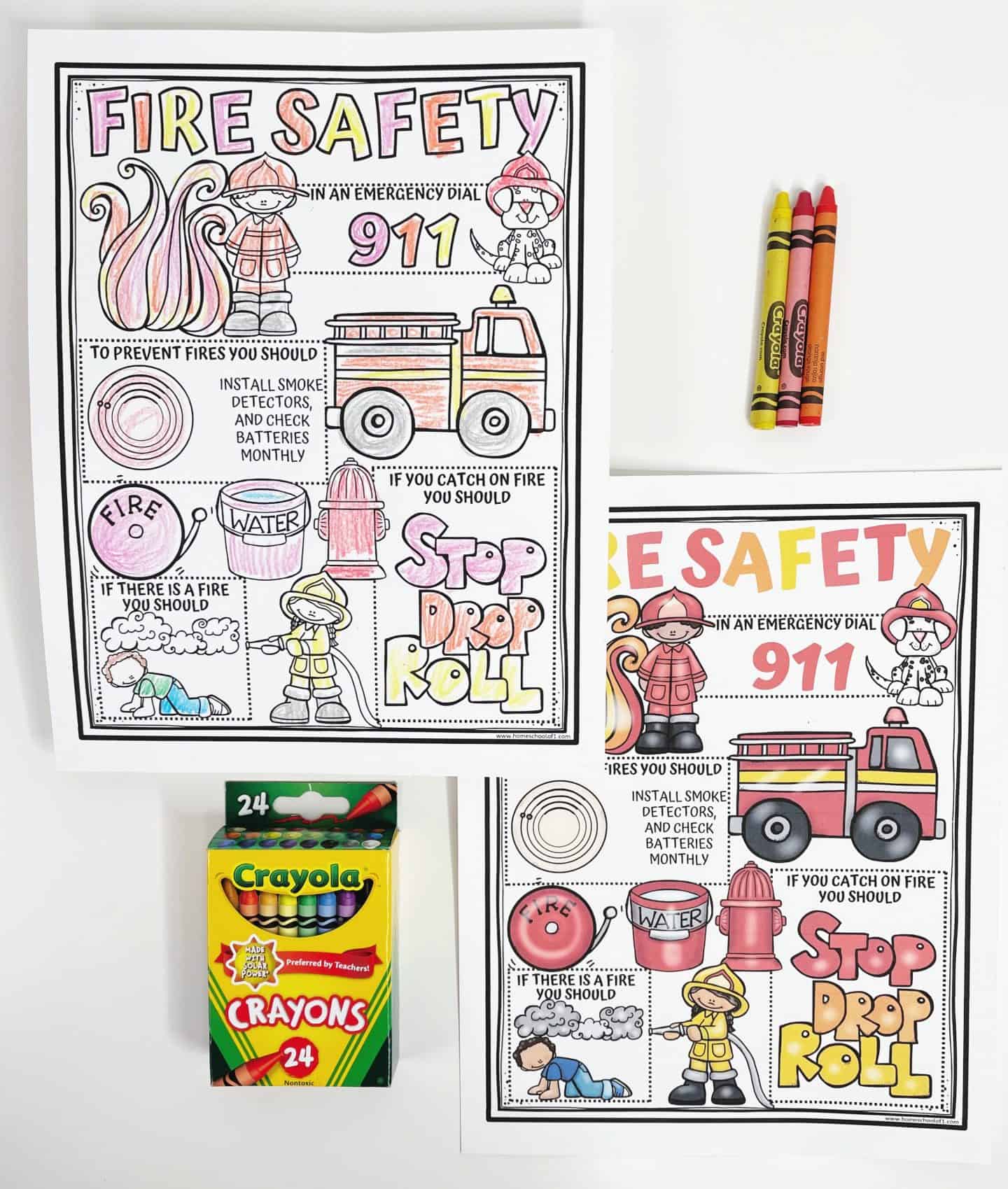 The image displays two fire safety worksheets with colorful illustrations. The first worksheet includes the title "FIRE SAFETY" in bright letters and features a firefighter, a fire truck, a fire hydrant, and fire safety tips such as "Stop, Drop, and Roll." The second worksheet has similar content, with safety tips like "Install smoke detectors" and "Dial 911 in an emergency." Crayola crayons in red, yellow, and orange are placed next to the worksheets, and a Crayola crayon box is visible as well. The background is clean, and the worksheets are designed for children to color.







