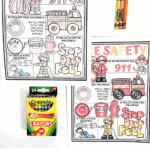 Printable fire safety worksheet for kids with coloring images and tips like stop, drop, roll and call 911