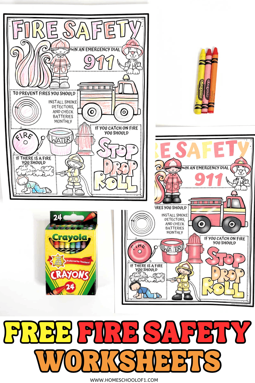 Printable fire safety worksheet for kids with coloring images and tips like stop, drop, roll and call 911
