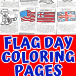 Flag Day coloring pages advertisement showcasing worksheets that include Betsy Ross and Mary Pickersgill holding flags, with red, white, and blue beaded necklaces and Crayola crayon boxes placed next to the pages for a festive touch, promoting creativity and learning about U.S. history.