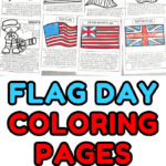 A collection of educational Flag Day coloring pages featuring cute cartoon drawings of historical American figures like Betsy Ross and Mary Pickersgill, along with various U.S. flags and key moments like "Man on the Moon" and the "Pledge of Allegiance." Some flags are partially colored with red, white, and blue, and the pages include short, easy-to-read history facts.