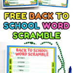 Colorful printable with 12 scrambled school-related words like "CRTAHEE" for students to unscramble and match to labels.