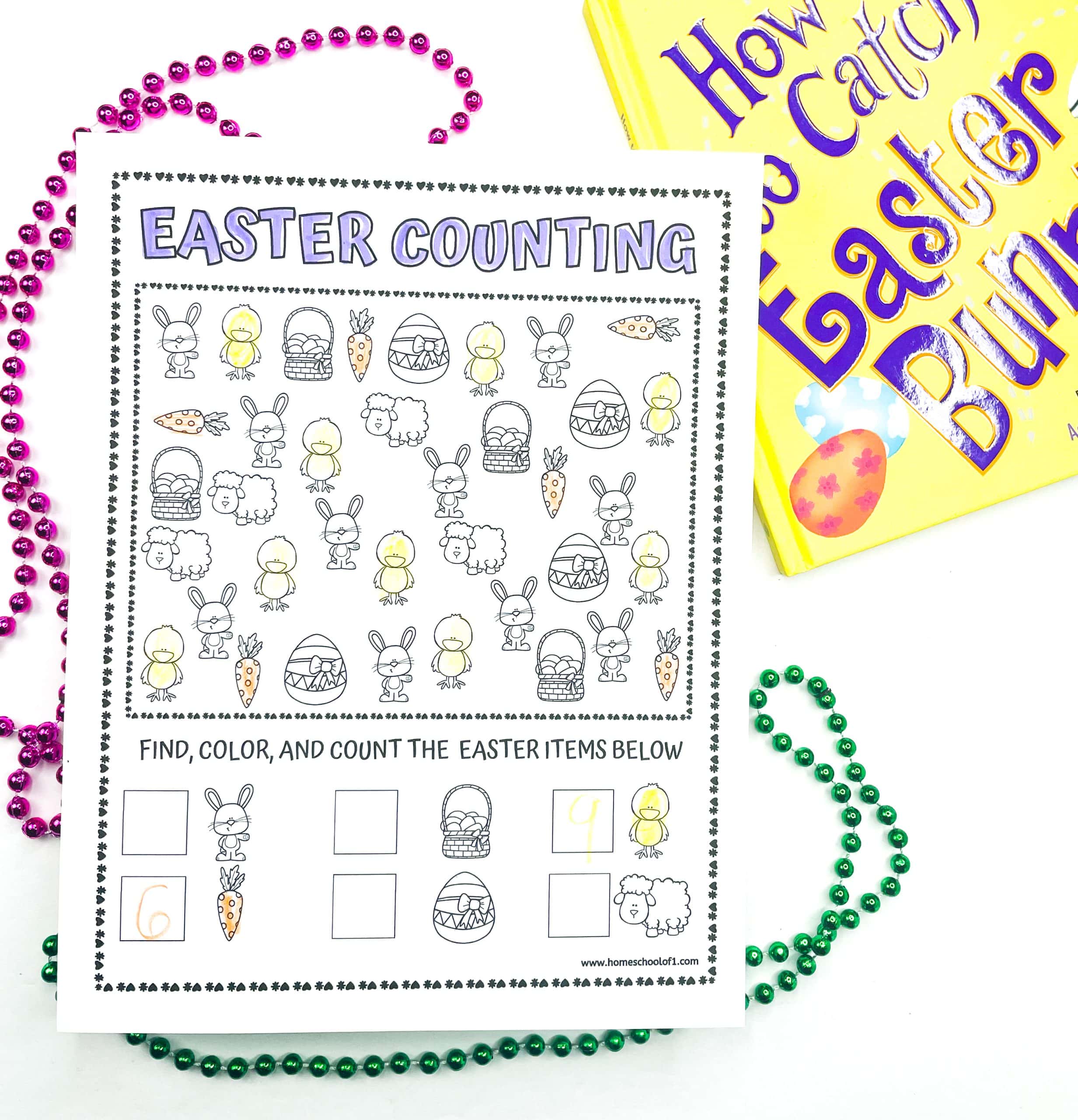 A worksheet with cartoon-style Easter images like baskets, bunnies, chicks, and eggs, some partially colored. The bottom includes boxes for kids to write how many of each item they find and color.


