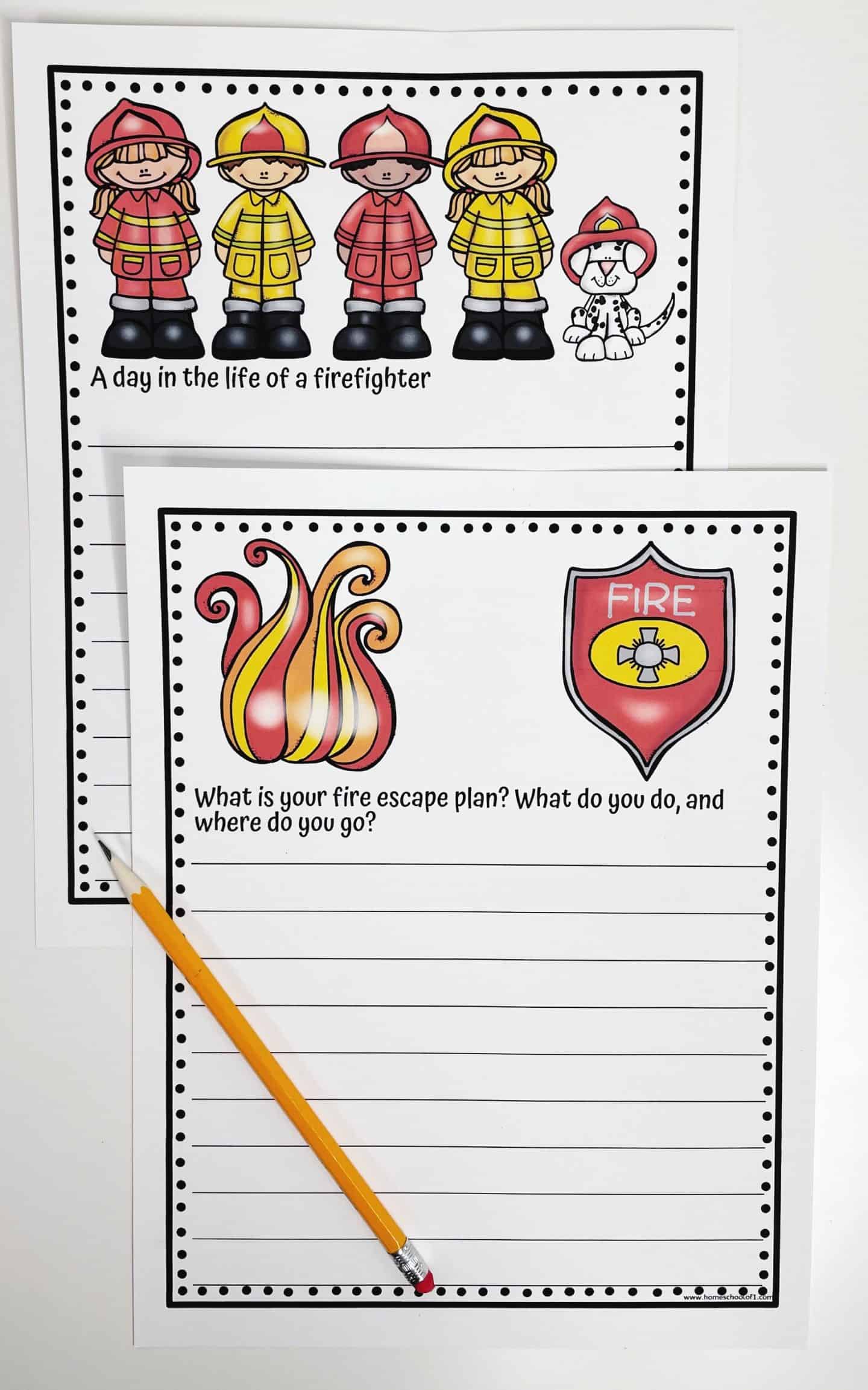 The image features two fire safety worksheets. The first worksheet shows illustrations of four firefighters and a Dalmatian dog wearing a firefighter hat, with the prompt "A day in the life of a firefighter." The second worksheet has an illustration of a fire and a fire department shield, with the question, "What is your fire escape plan? What do you do, and where do you go?" A yellow pencil is placed beside the worksheets. Both worksheets have dotted borders and lines for students to write their responses.