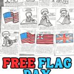A spread of free printable Flag Day worksheets showing cartoon versions of historical events and figures, such as the 1818 Flag, the 1776 Flag, the Grand Union Flag, Francis Hopkinson, and more, with brief educational blurbs under each picture and partially colored American and British flags.