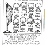 Printable Pledge of Allegiance coloring worksheet showing children standing with hands on hearts and an American flag