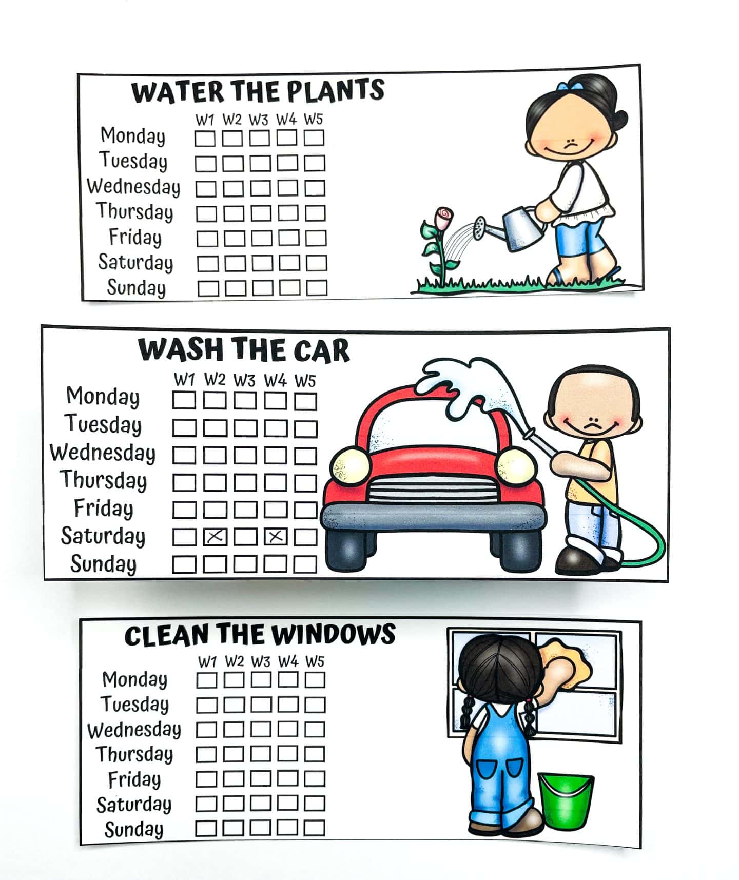 Set of three printable kids' chore cards with weekly checklists for “Water the Plants,” “Wash the Car,” and “Clean the Windows.” Each card features a colorful cartoon child completing the task and includes a grid to track chores by day across five weeks. Ideal for building responsibility and routine in a fun, visual way.

