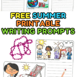 Colorful printable summer writing prompts for kids, featuring fun illustrations like sandcastles, beach scenes, sunscreen, and popsicles. Prompts include “Describe your favorite July 4th memory” and “Why should you wear sunscreen, hats, and sunglasses in the summer?”