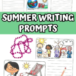A combination of illustrated summer writing prompts for children displayed above a bold text graphic that reads “Summer Writing Prompts.” Prompts feature summer snacks, travel, beach activities, and seasonal comparisons.