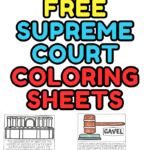 A set of free printable Supreme Court coloring sheets featuring cartoon-style illustrations of current and past justices, including Ketanji Brown Jackson, Sonia Sotomayor, and John G. Roberts. Each sheet includes a justice’s name, title, birth date, law school, and appointment details, with some characters partially colored in.