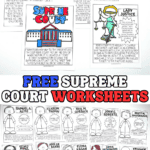 Supreme Court-themed printable worksheets for kids, combining coloring pages of justices with fact sheets and historical info. Includes pages on individual justices and illustrations like the Supreme Court building, a gavel, and Lady Justice.