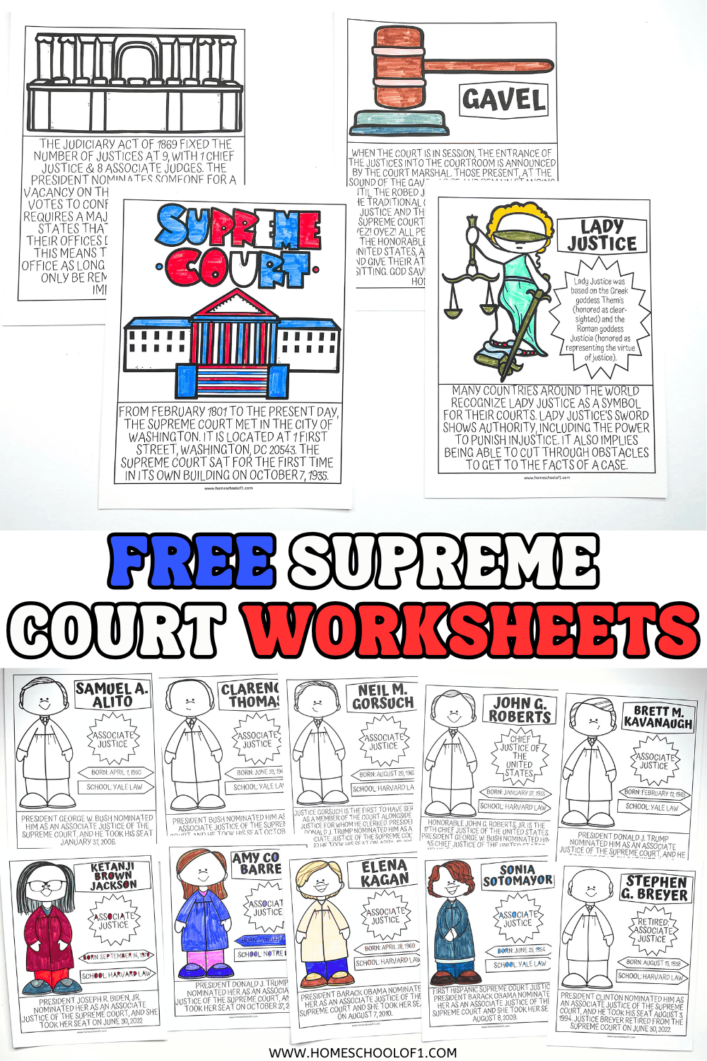 Supreme Court-themed printable worksheets for kids, combining coloring pages of justices with fact sheets and historical info. Includes pages on individual justices and illustrations like the Supreme Court building, a gavel, and Lady Justice.

