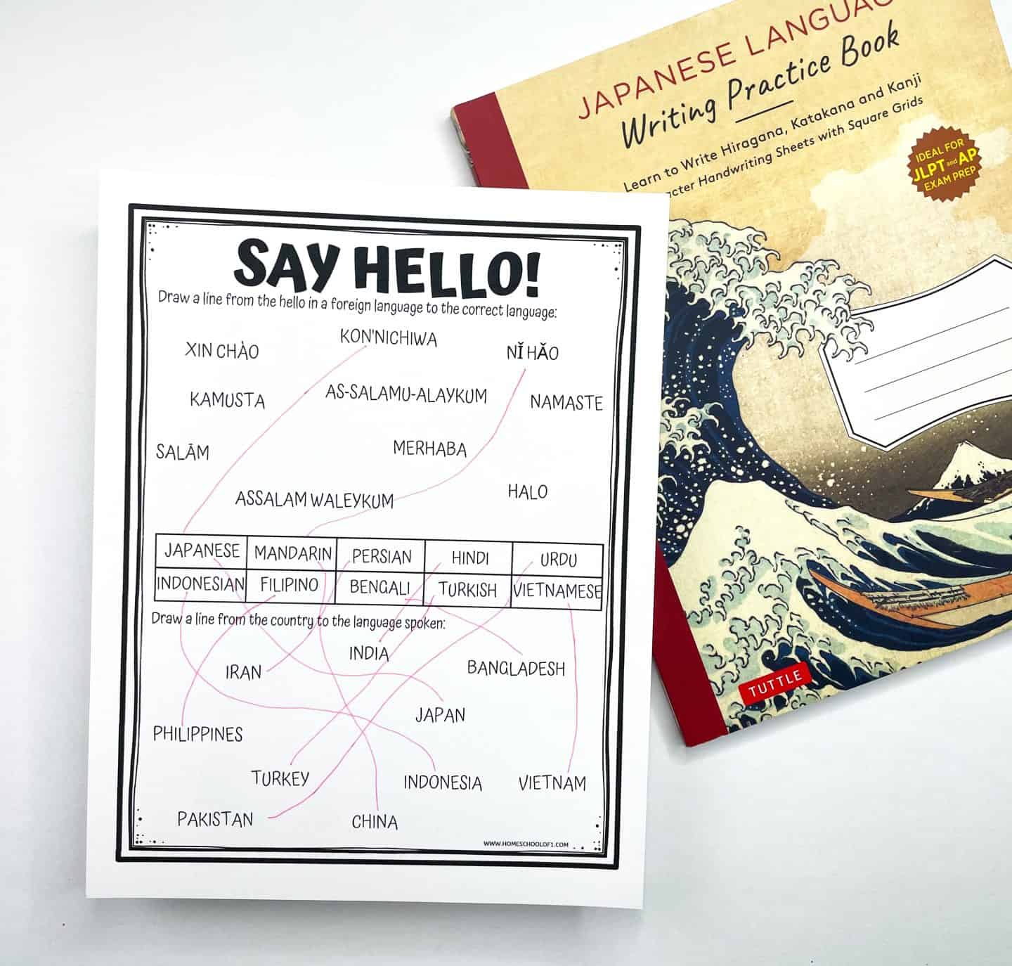 "Say Hello!" worksheet showing a matching activity where students connect greetings like “Konnichiwa” and “Namaste” to their respective languages such as Japanese and Hindi. Below, another matching section links countries like Japan, India, and Turkey to their spoken languages. The worksheet is partially completed with pink lines, and a Japanese Language Writing Practice Book is placed to the right.