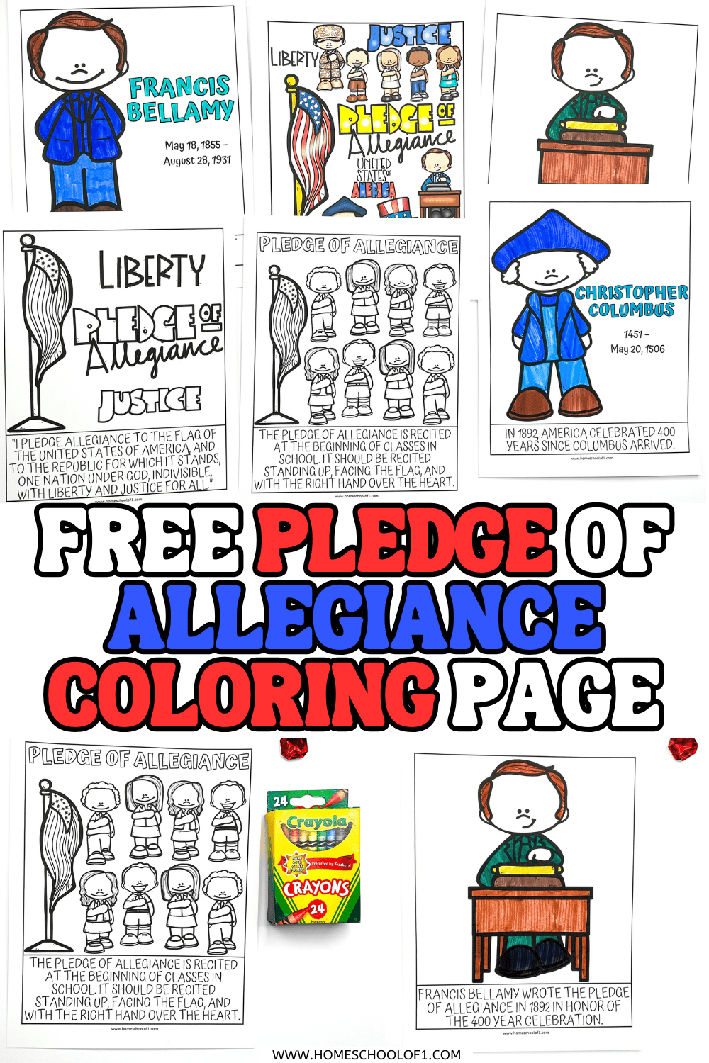 Free printable Pledge of Allegiance coloring pages featuring Francis Bellamy, American flag, and children reciting the pledge

