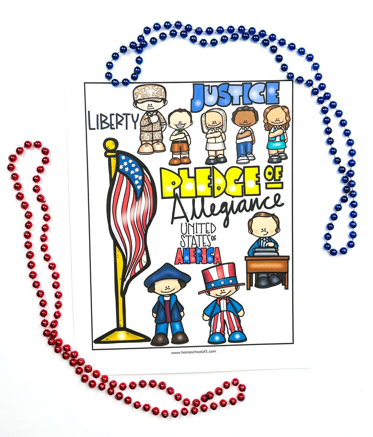 Patriotic Pledge of Allegiance coloring page featuring diverse cartoon children with hands over their hearts, a waving American flag, and figures like a Revolutionary soldier and Uncle Sam. The words “Liberty,” “Justice,” and “Pledge of Allegiance – United States of America” are prominently displayed. Red and blue bead necklaces are arranged on either side of the sheet.