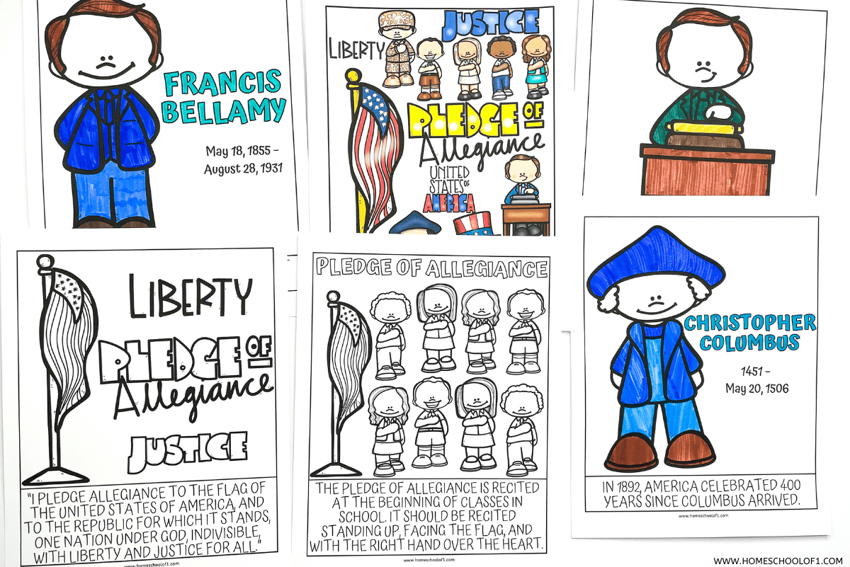Pledge of Allegiance worksheets featuring cartoon-style illustrations of Francis Bellamy, Christopher Columbus, and groups of children reciting the pledge, with patriotic elements like flags and words such as "Liberty" and "Justice" included.