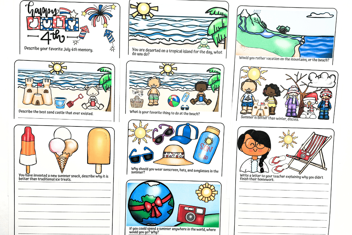 "Printable summer journal prompts for kids featuring colorful illustrations. Prompts include topics like July 4th memories, island descriptions, beach fun, summer safety, favorite treats, and vacation dreams. Each box includes space for writing and themed clipart like sunscreen, popsicles, and ocean scenes.