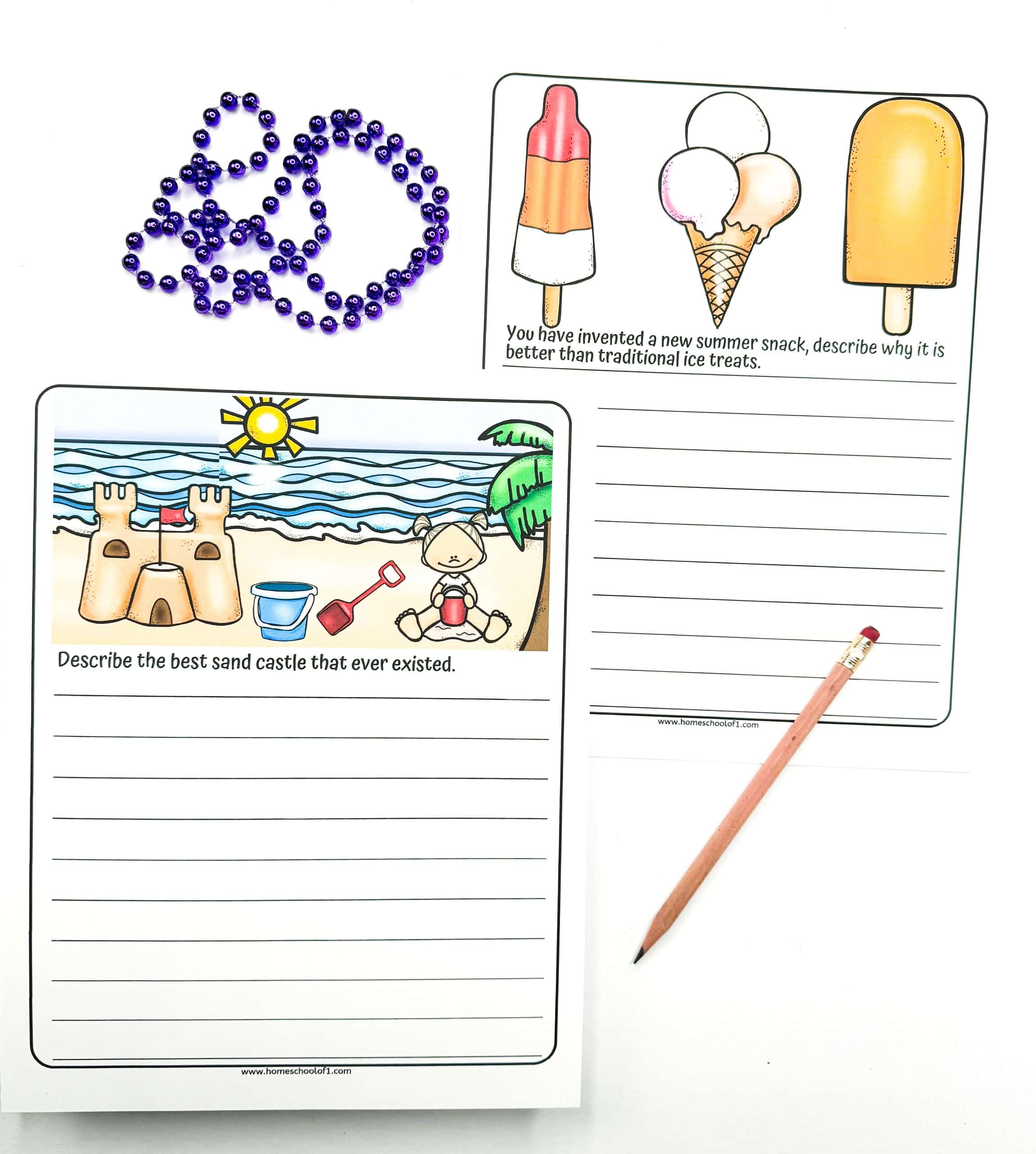 Two free printable summer writing prompts for kids with colorful illustrations. One prompt says, “Describe the best sand castle that ever existed,” showing a beach scene with a sandcastle and beach toys. The other reads, “You have invented a new summer snack, describe why it is better than traditional ice treats,” and features drawings of ice cream and popsicles. A purple beaded necklace and pencil are also shown.