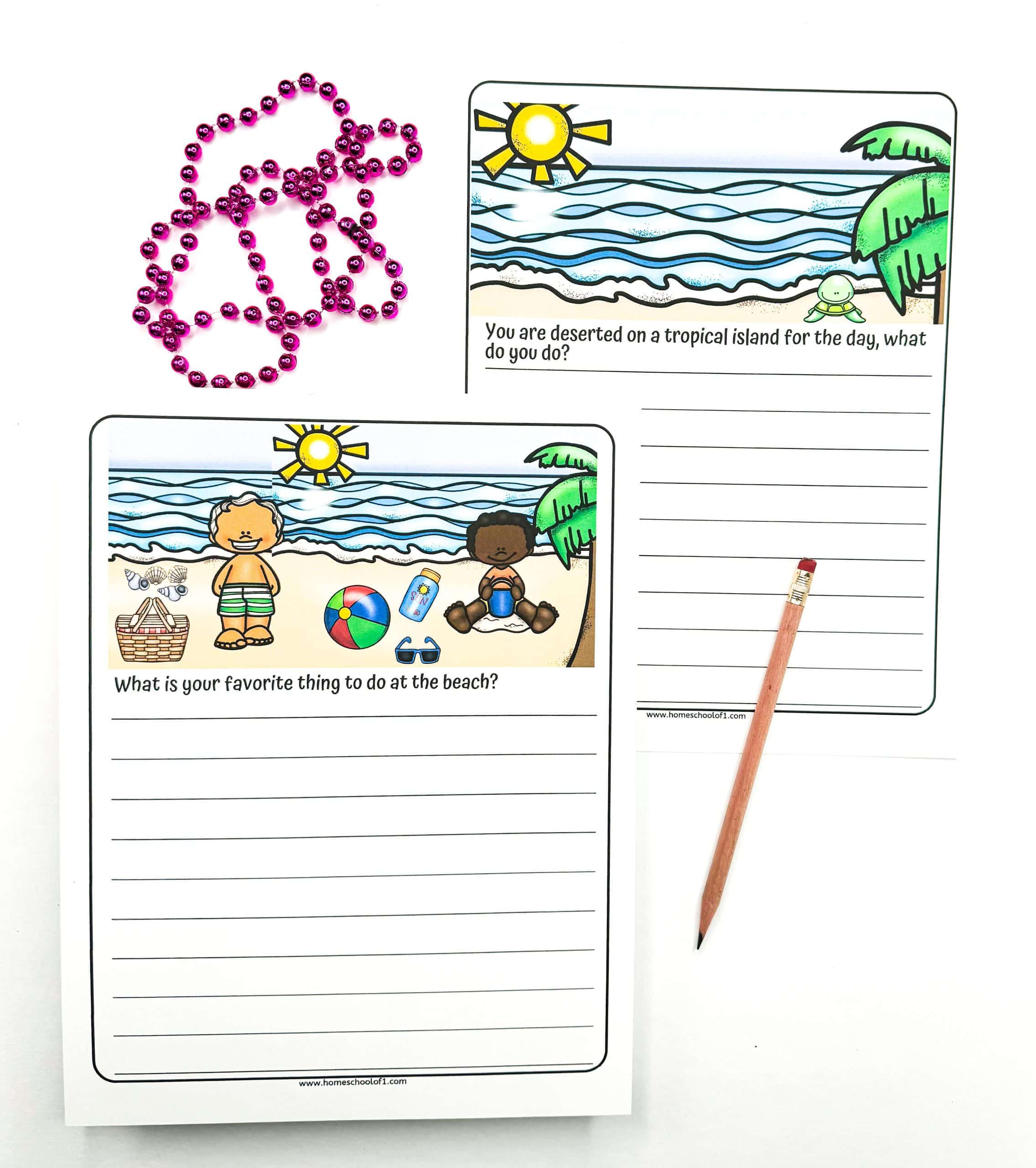 Two free printable summer writing prompts for kids with beach illustrations. One prompt asks, “What is your favorite thing to do at the beach?” and the other says, “You are deserted on a tropical island for the day, what do you do?” A pencil and pink beaded necklace are also shown.