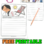 Two illustrated summer-themed writing prompt pages for kids with lines for responses. Prompts ask students to compare summer vs. winter and write a letter explaining unfinished homework, paired with bright cartoon-style art.