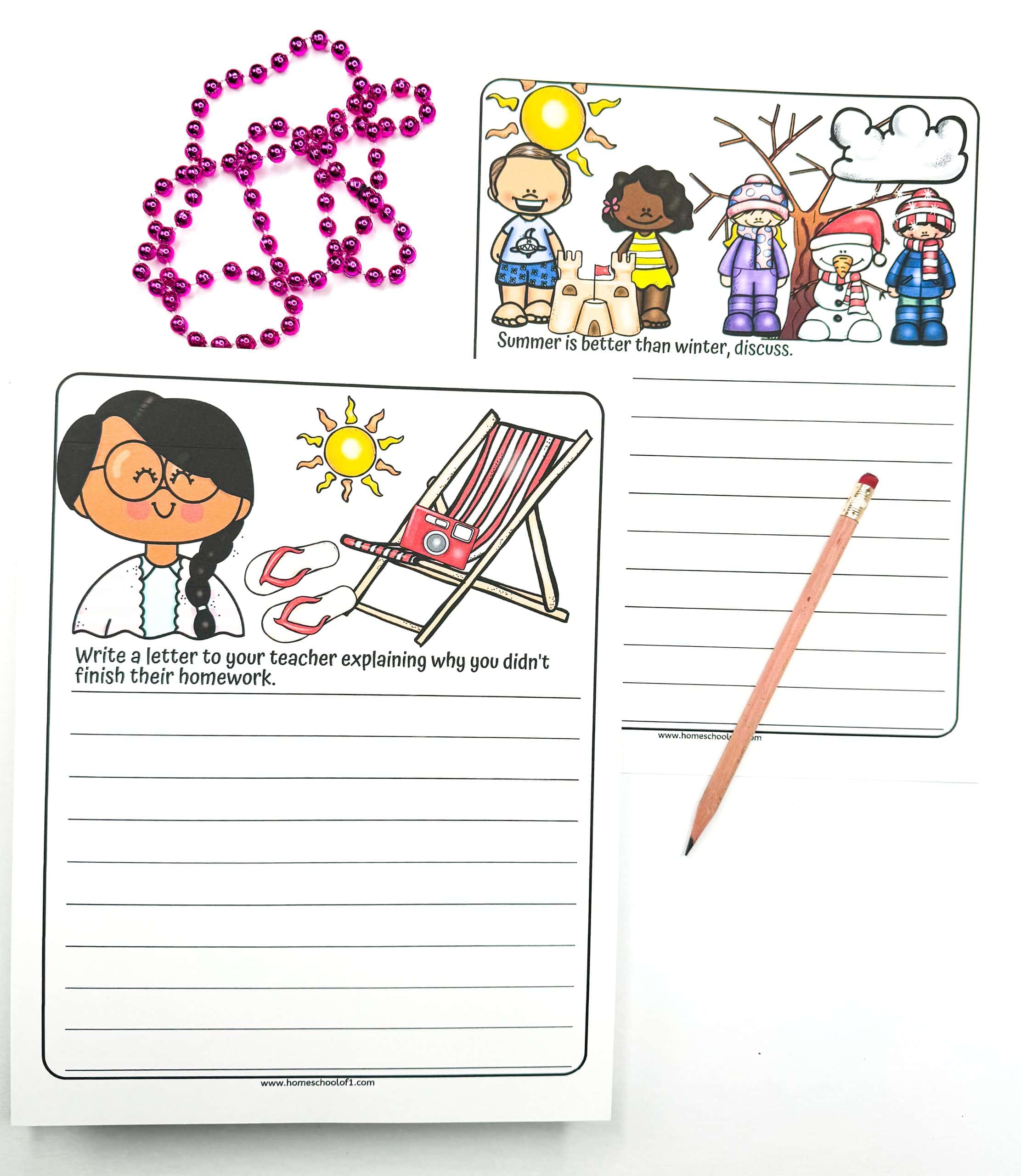 Two free printable summer writing prompts for kids. One prompt reads, “Summer is better than winter, discuss,” and the other says, “Write a letter to your teacher explaining why you didn’t finish their homework.” Both feature colorful seasonal illustrations, a pink beaded necklace, and a pencil.