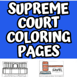 A bright educational collage of Supreme Court coloring pages for children, featuring fun facts about justices and judicial symbols like Lady Justice, a gavel, and the Supreme Court building, all partially colored in with crayons or markers.