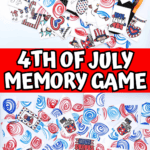 Fourth of July memory game printable with cards being cut and sorted, displaying patriotic artwork like “July 4th,” “Liberty,” “Freedom,” fireworks, eagles, stars, and hearts, with a swirl-patterned card back in red, blue, and white.
