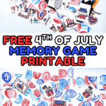Printable Fourth of July memory game in progress, featuring red, white, and blue swirled pattern backs and patriotic illustrations like eagles, fireworks, stars, hearts, Uncle Sam, and “United States” cards being cut with a paper trimmer.