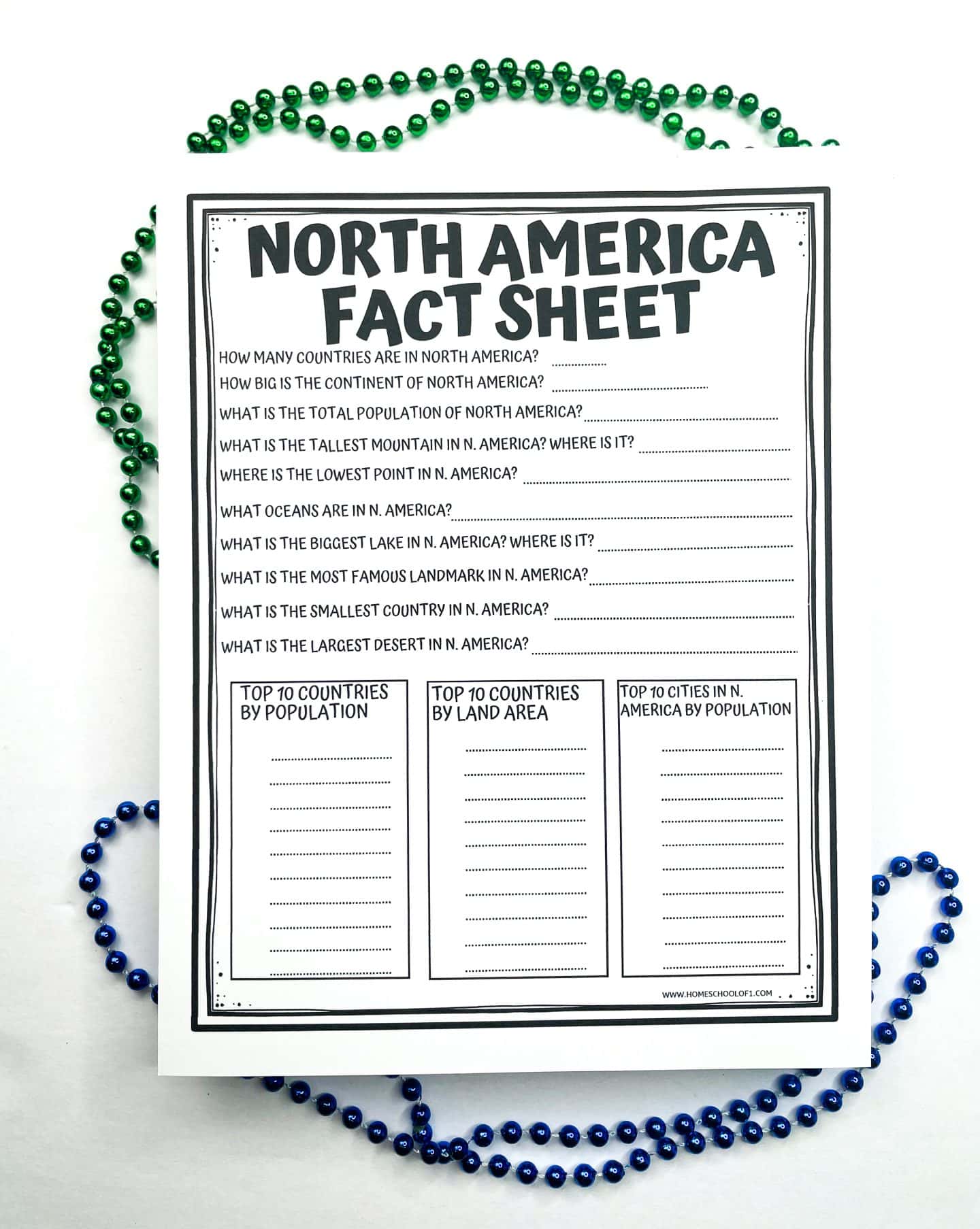 A black-and-white printable "North America Fact Sheet" worksheet for kids featuring questions about the continent's geography, such as population, landmarks, highest and lowest points, and oceans. The bottom includes three columns to list the top 10 countries by population and land area, and the top 10 cities by population. Decorative green and blue beads surround the page.