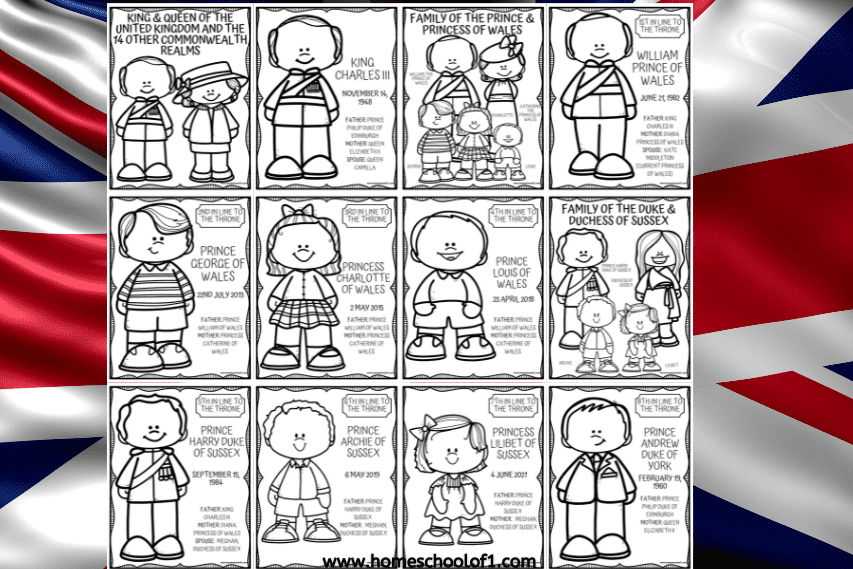 collage of British royal family-themed coloring pages overlaid on a waving Union Jack flag. The 12 illustrated pages feature cartoon versions of King Charles III, Queen Camilla, Prince William, Princess Catherine, their children George, Charlotte, and Louis, Prince Harry, Meghan Markle, and their children Archie and Lilibet. Each coloring sheet includes names, birthdates, and line of succession notes.