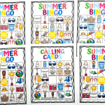 Assortment of 'Summer Bingo' cards with vibrant icons perfect for a seasonal game, including a separate 'Calling Cards' sheet for a fun family or classroom activity.