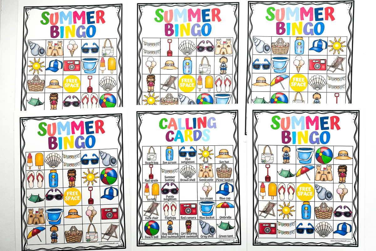 Assortment of 'Summer Bingo' cards with vibrant icons perfect for a seasonal game, including a separate 'Calling Cards' sheet for a fun family or classroom activity.
