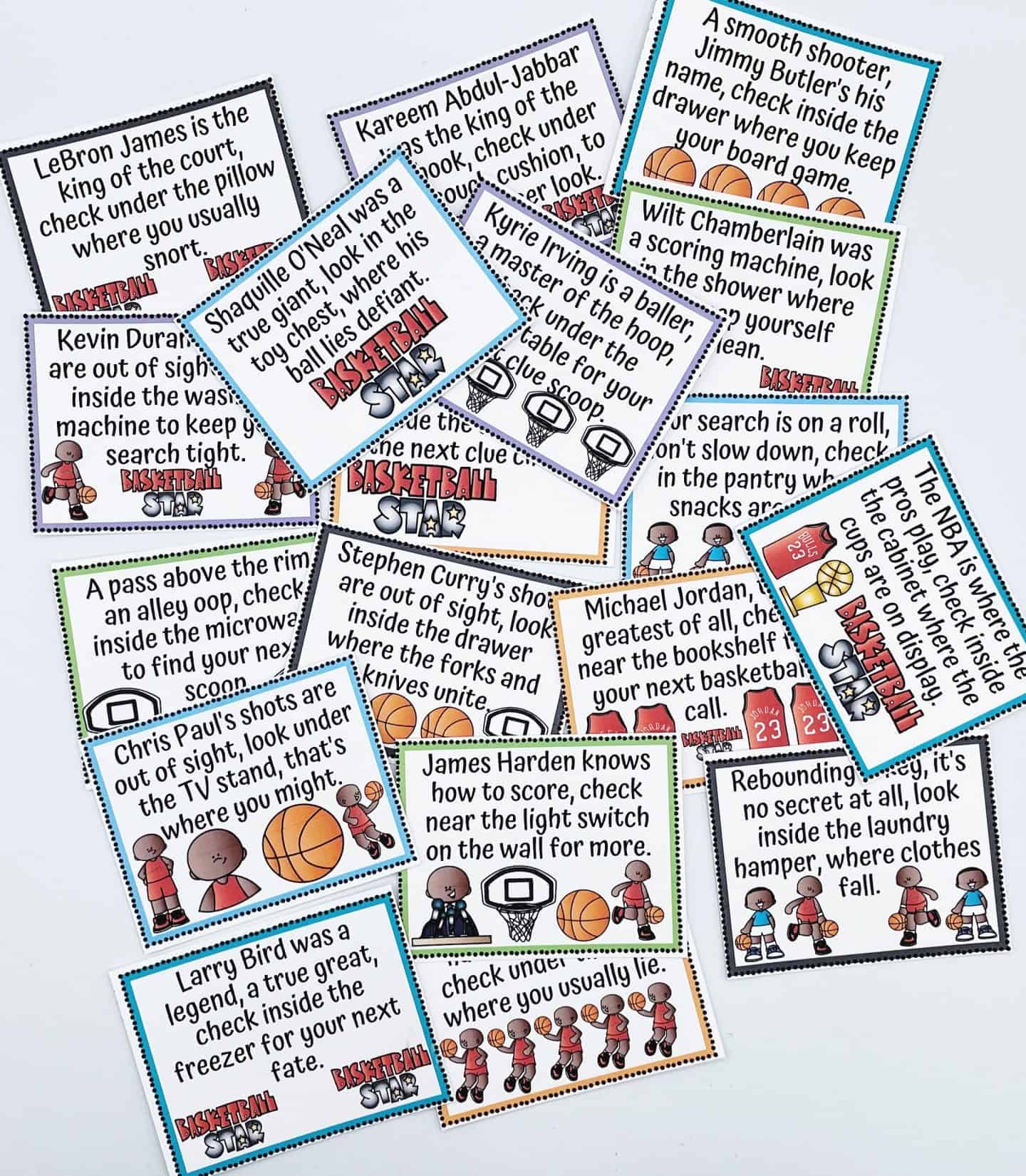 A collection of colorful basketball-themed scavenger hunt clue cards scattered on a white background. Each card features a rhyming riddle referencing a famous player like LeBron James, Shaquille O’Neal, Steph Curry, or Larry Bird, guiding players to household hiding spots like under the bed, in the freezer, or by the TV stand. Cartoon basketball player illustrations decorate the cards.