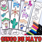Set of printable Cinco de Mayo coloring bookmarks featuring festive designs like sombreros, pinatas, tacos, musical instruments, and children in traditional Mexican attire. The bottom includes bold red, yellow, and green text that says “CINCO DE MAYO BOOKMARKS TO COLOR.”