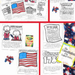 Set of printable Constitution coloring pages for kids featuring James Madison, the three branches of government, Articles of Confederation, and ‘We the People’ illustration
