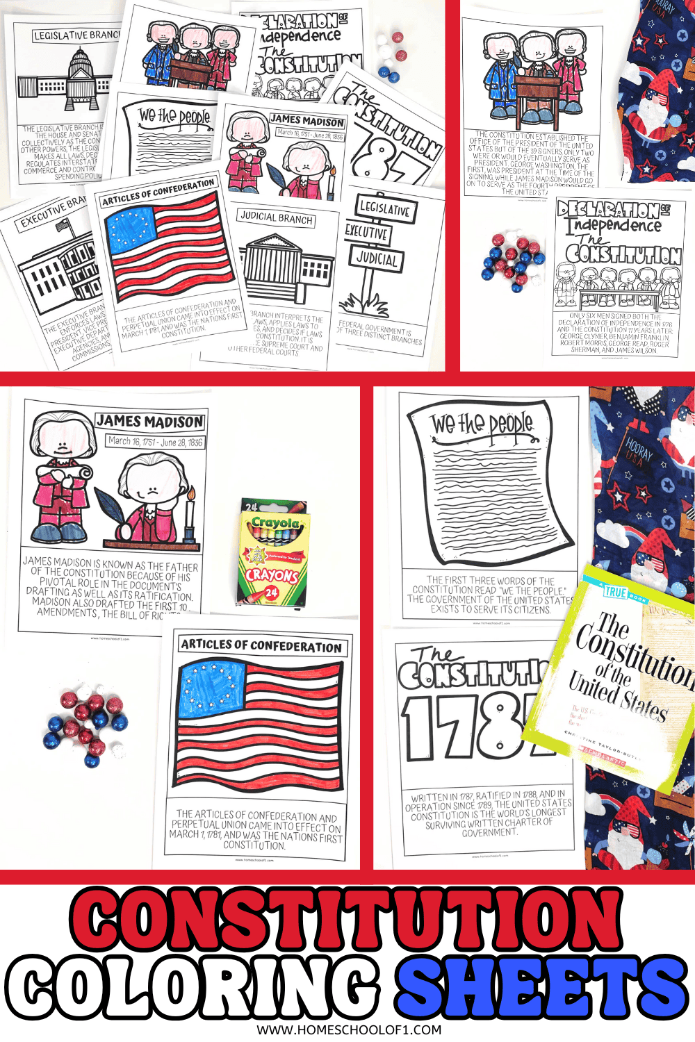 Set of printable Constitution coloring pages for kids featuring James Madison, the three branches of government, Articles of Confederation, and ‘We the People’ illustration