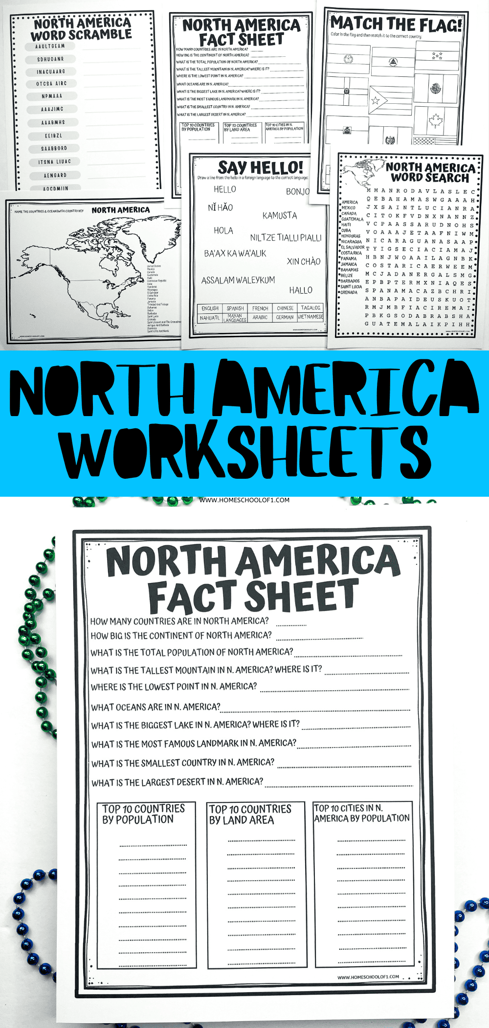A collection of black and white printable North America worksheets for kids, including a word scramble, fact sheet, flag matching activity, word search, map labeling, and a multilingual greeting activity. The featured worksheet at the bottom asks students to fill in facts about North America, including top countries and cities by population and land area. Ideal for geography lessons or homeschool use.