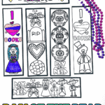 Printable Day of the Dead bookmarks to color featuring skulls, flowers, skeletons, and hearts. Six Dia de los Muertos–themed designs for kids to decorate with markers or crayons.