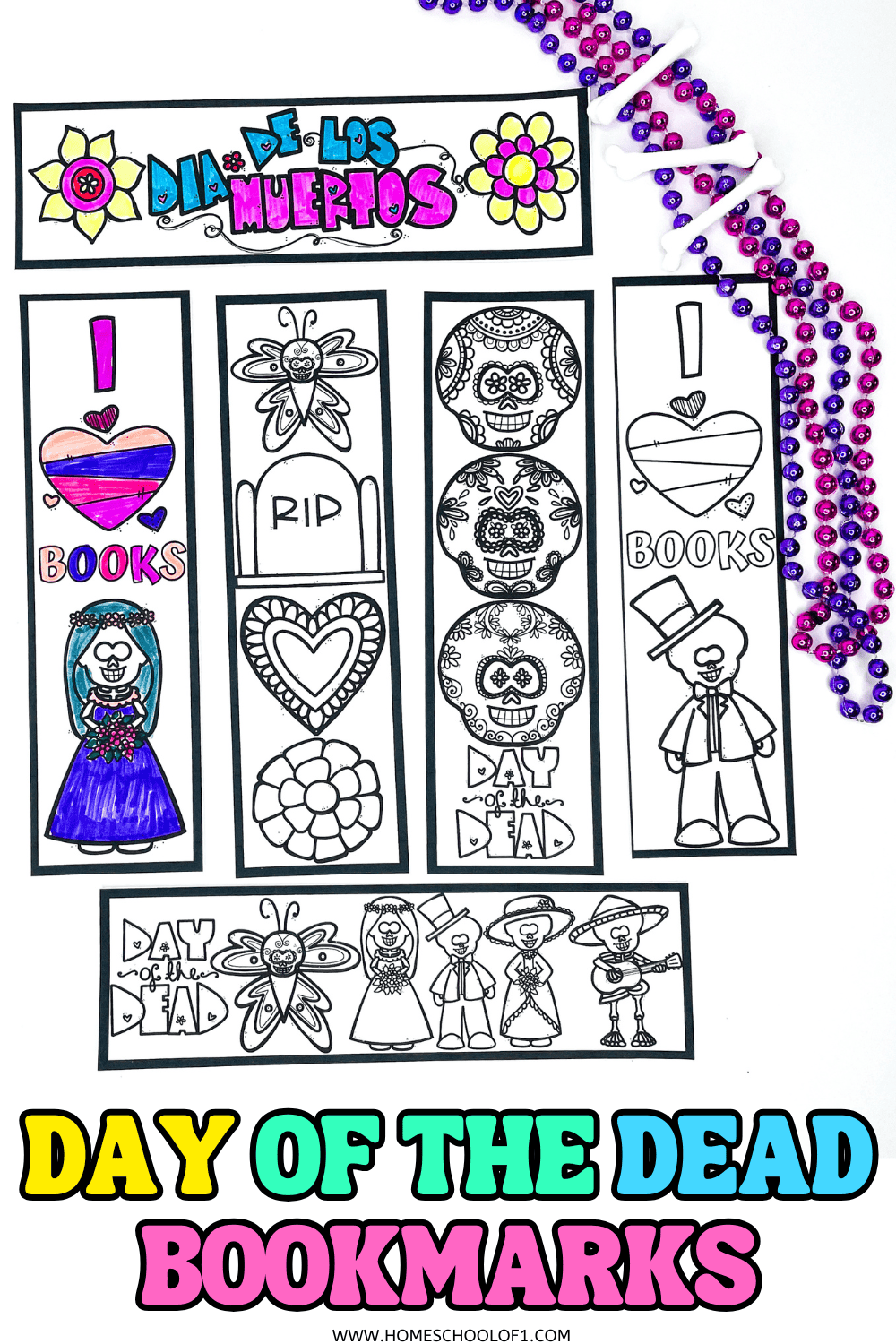 Printable Day of the Dead bookmarks to color featuring skulls, flowers, skeletons, and hearts. Six Dia de los Muertos–themed designs for kids to decorate with markers or crayons.